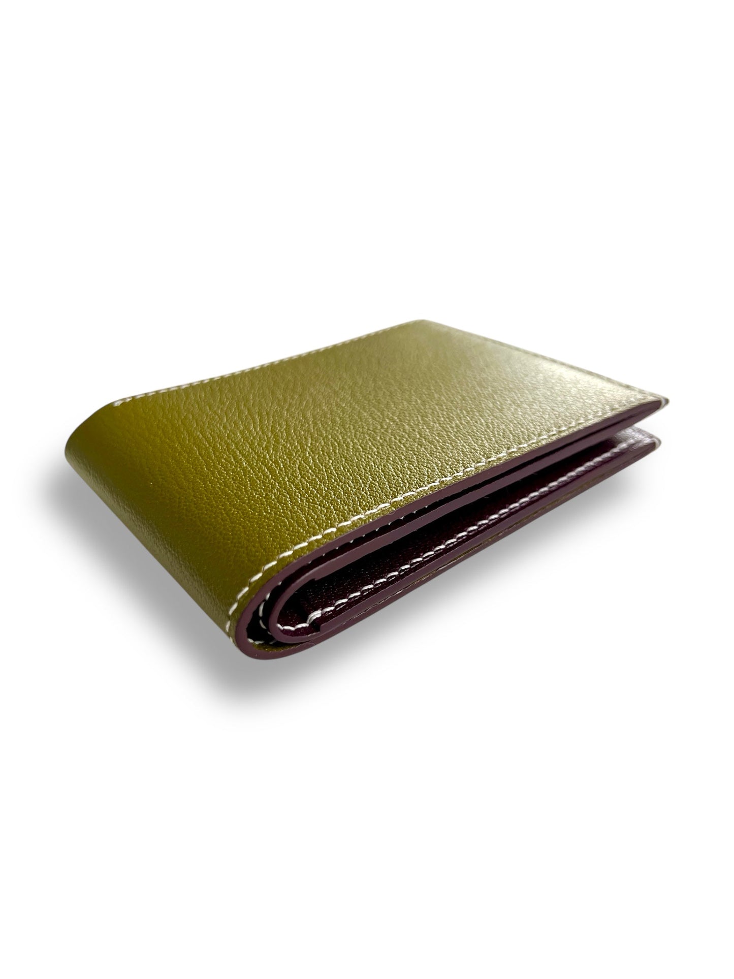 Ashford wallet in olive chèvre with chèvre interior, handcrafted by Jon Brady USA.
