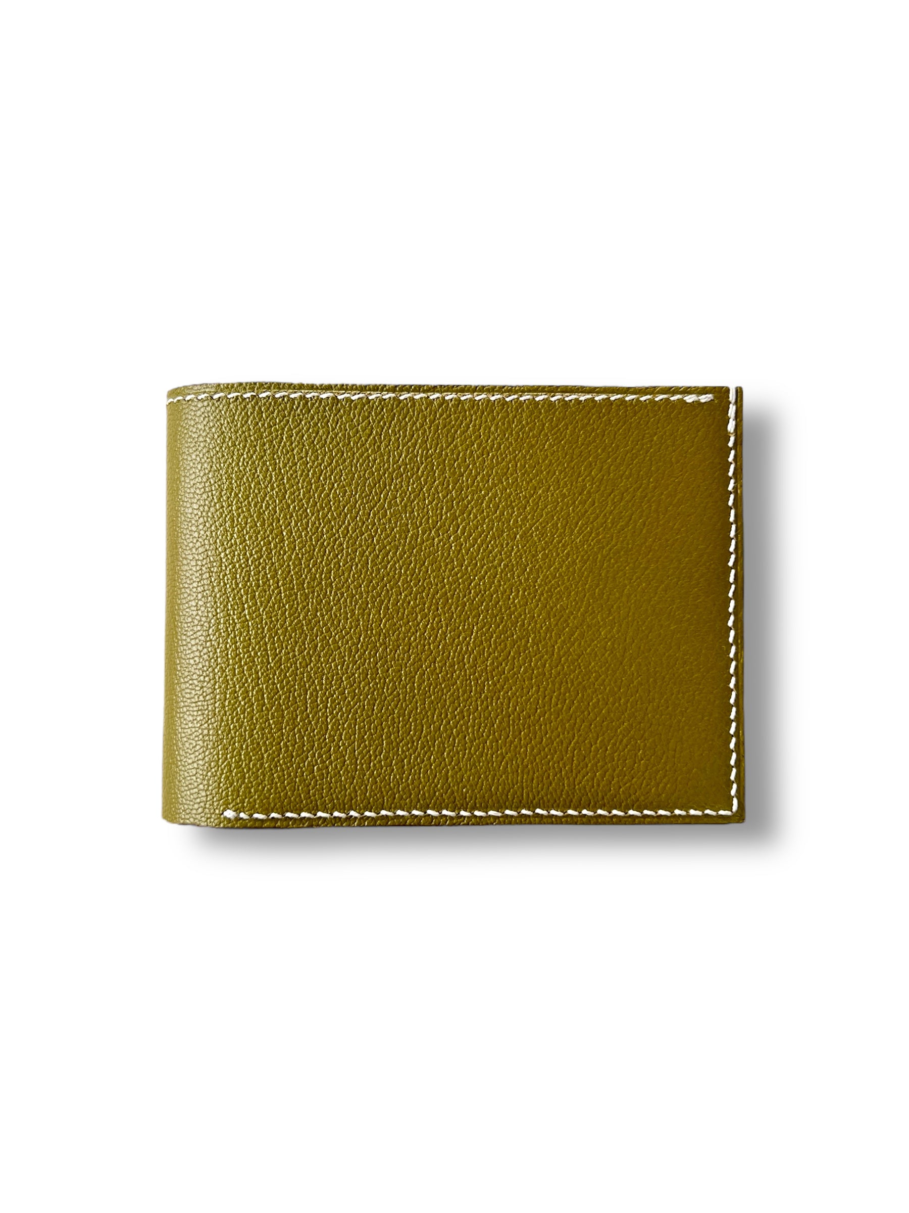 Ashford wallet in green leather and white hand stitching. 